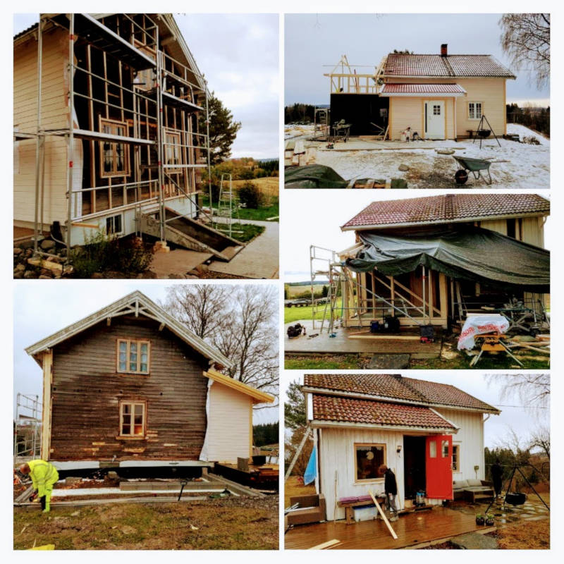 Collage of five photos showing the farm buildings being renovated, with scaffolding, new roofs and a worker in a high-visibility jacket