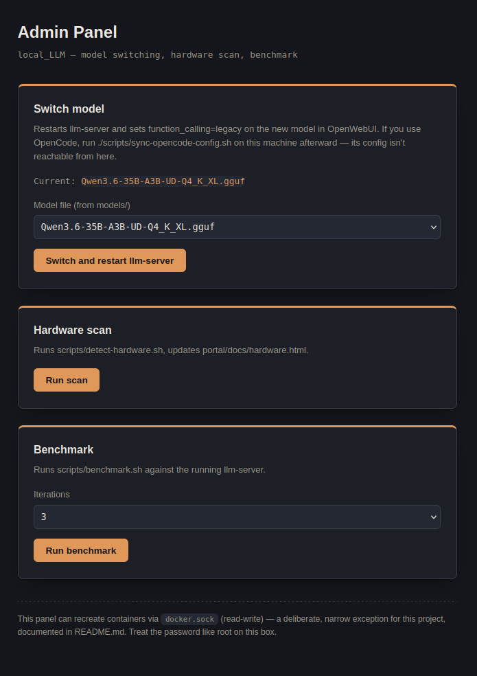 The admin panel with three cards. Switch model, with the current model and a list of model files. Hardware scan. Benchmark, with a choice of iterations